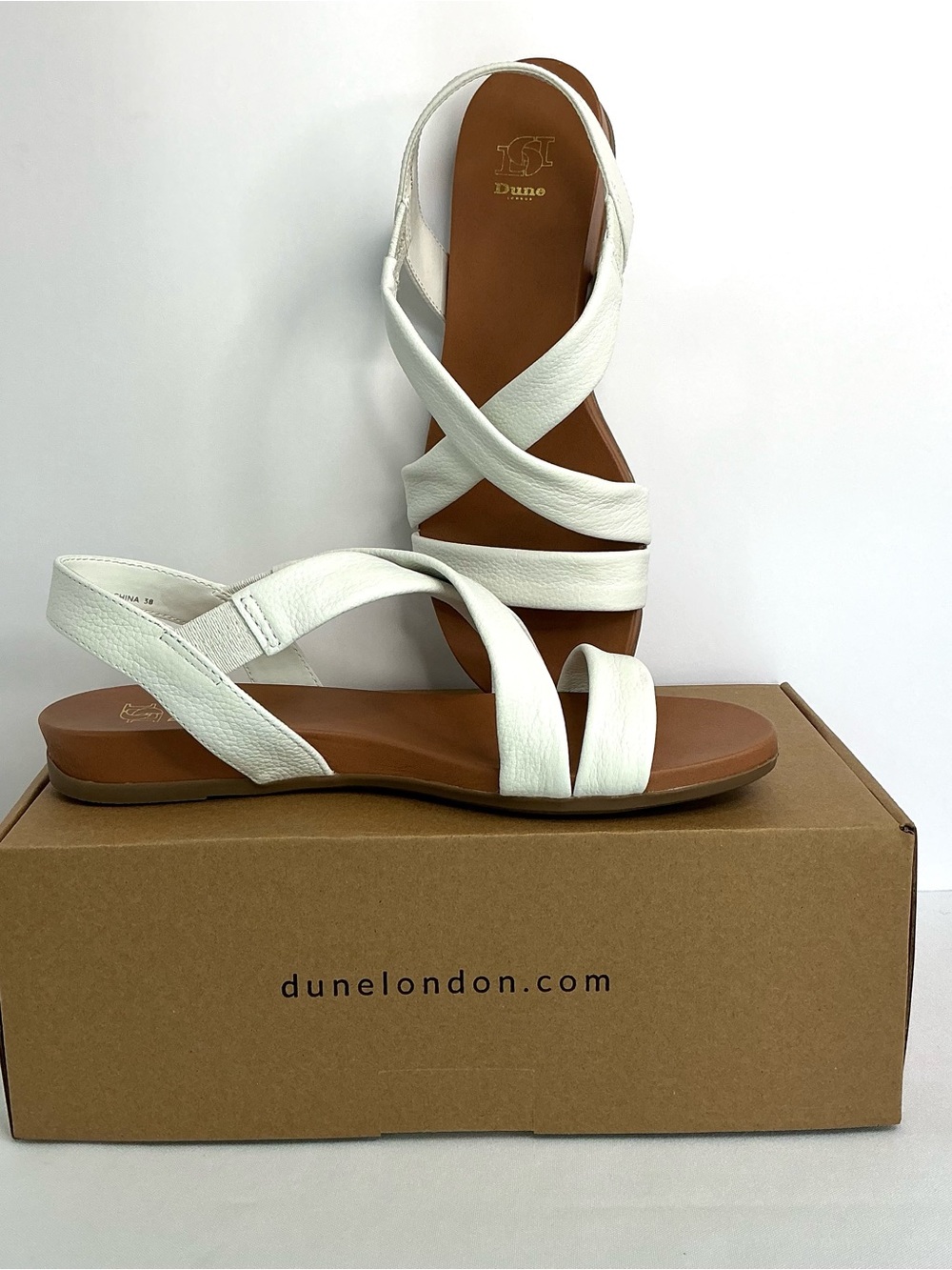 Dune London Landies White Leather Crisscross Elastic Strap Flat Sandals NWT